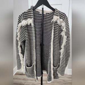 Knox Rose Black and Cream Cardigan with Fringe Accents. Size M.